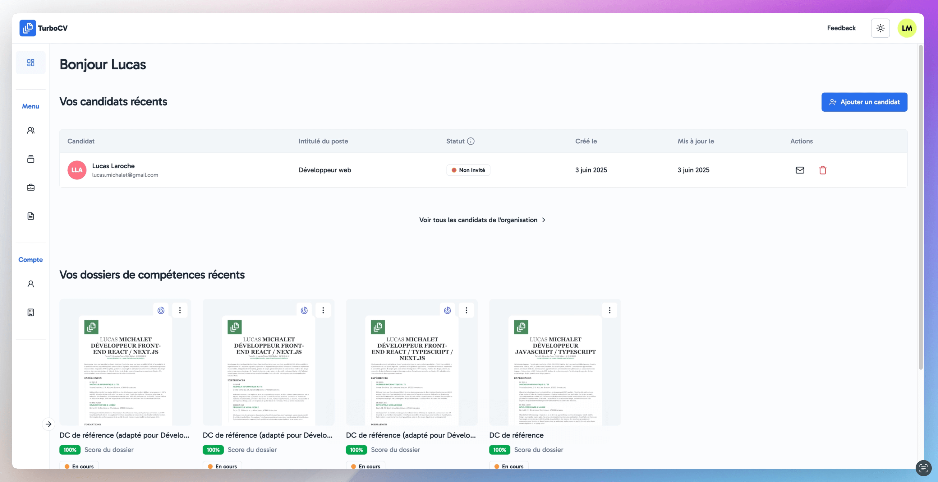 TurboCV - Page d'accueil de l'application