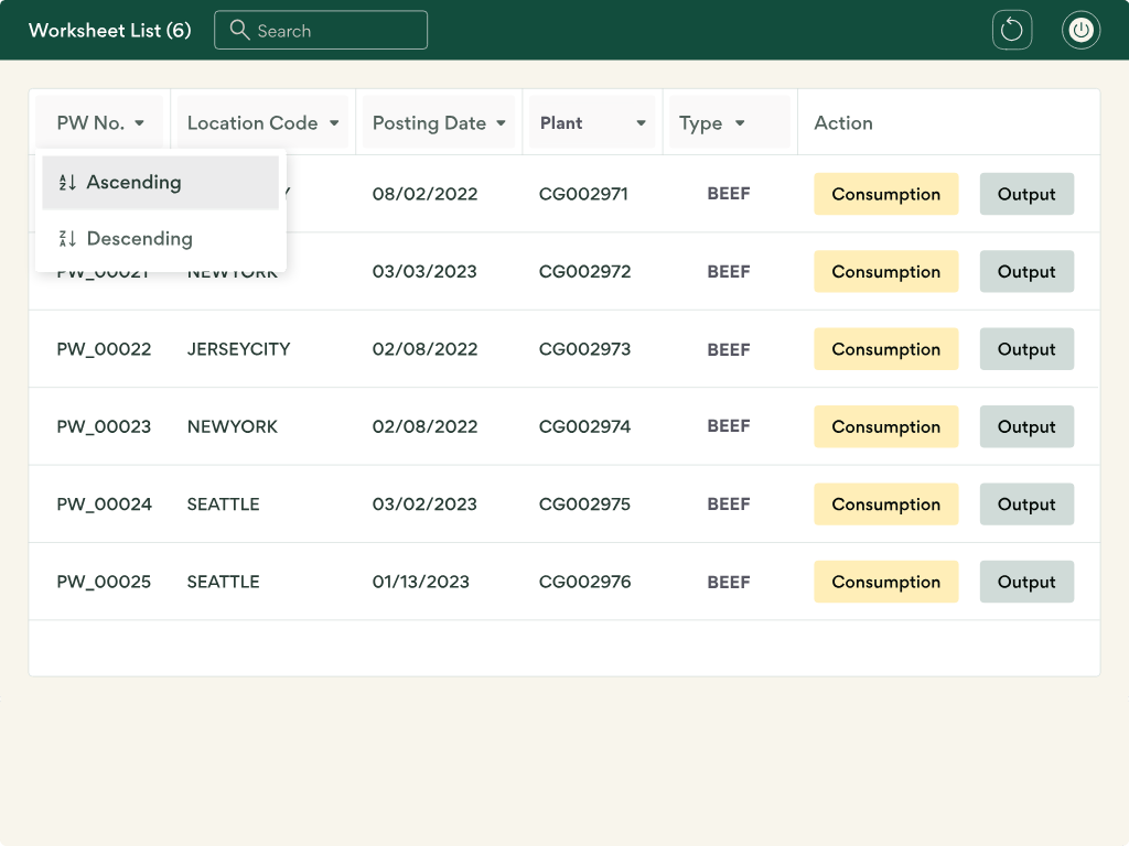 inecta Food ERP - inecta’s Processing Floor app interface, enabling production staff to consume items into inventory or production in real time. Designed for use directly on the shop floor for streamlined, paperless operations.