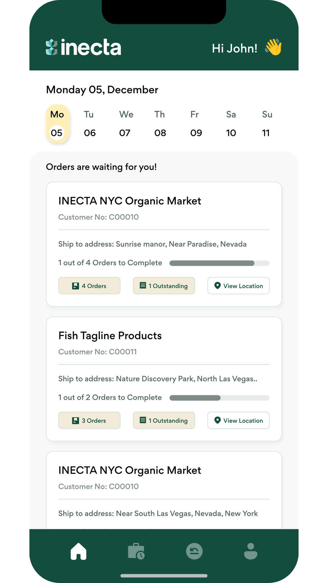 inecta Food ERP - inecta’s Direct Store Delivery (DSD) mobile app interface displaying customer orders by day. Drivers can view, fulfill, and navigate to deliveries using a user-friendly mobile dashboard.