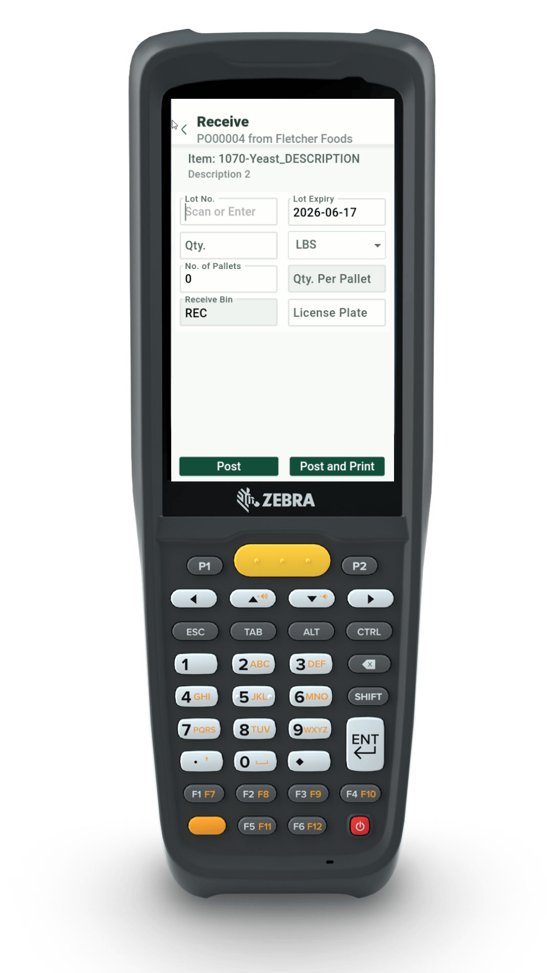 inecta Food ERP - inecta WMS on Zebra handheld device showing the receiving screen. Warehouse users can scan items, input quantities, and manage license plates with ease in real time.