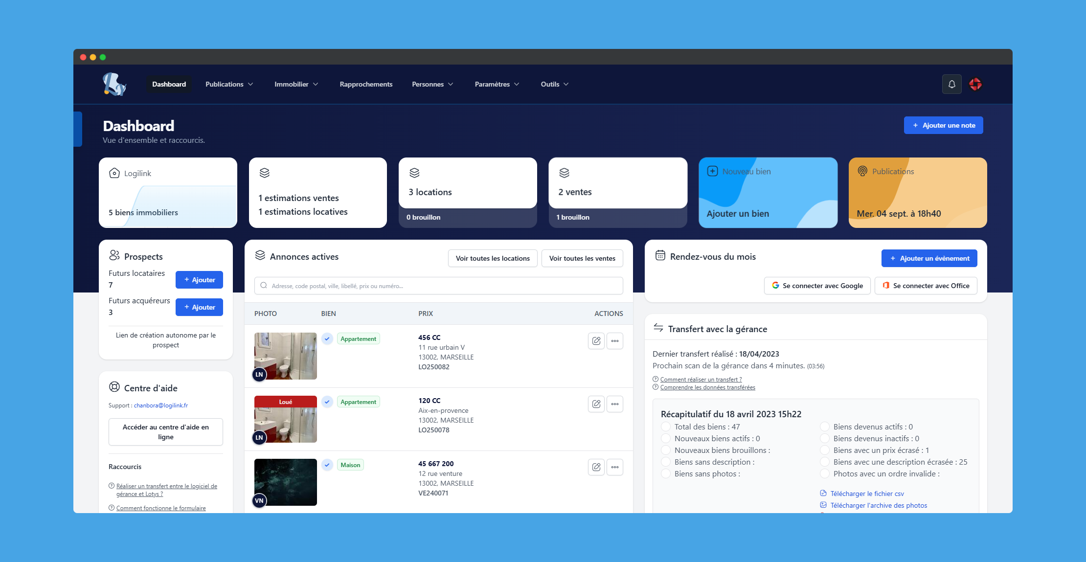Lotys - Dashboard du logiciel de transaction en ligne Lotys