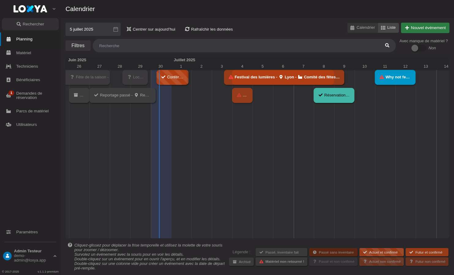 LOXYA - Le planning principal du logiciel Loxya.