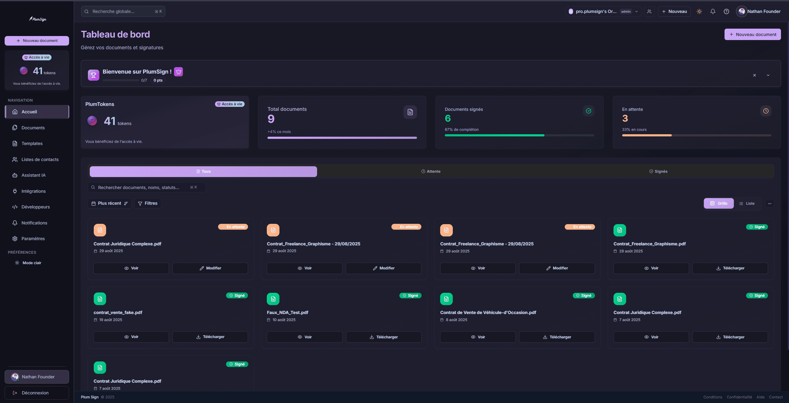 PlumSign - Signature  pdf - Dashboard de PlumSign, vue simple sur les document récents + statistique