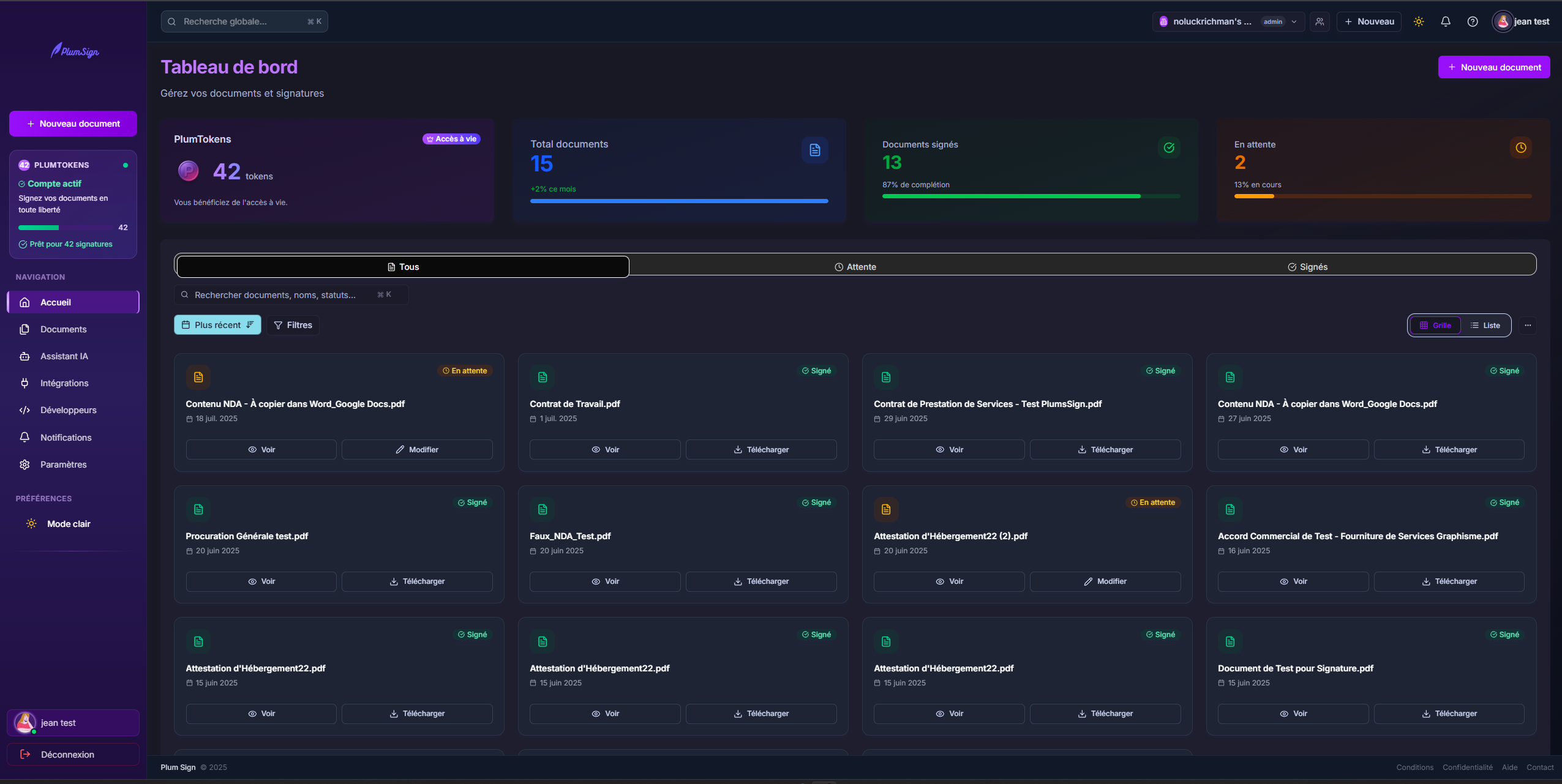 PlumSign - Signature  pdf - Dashboard accueil