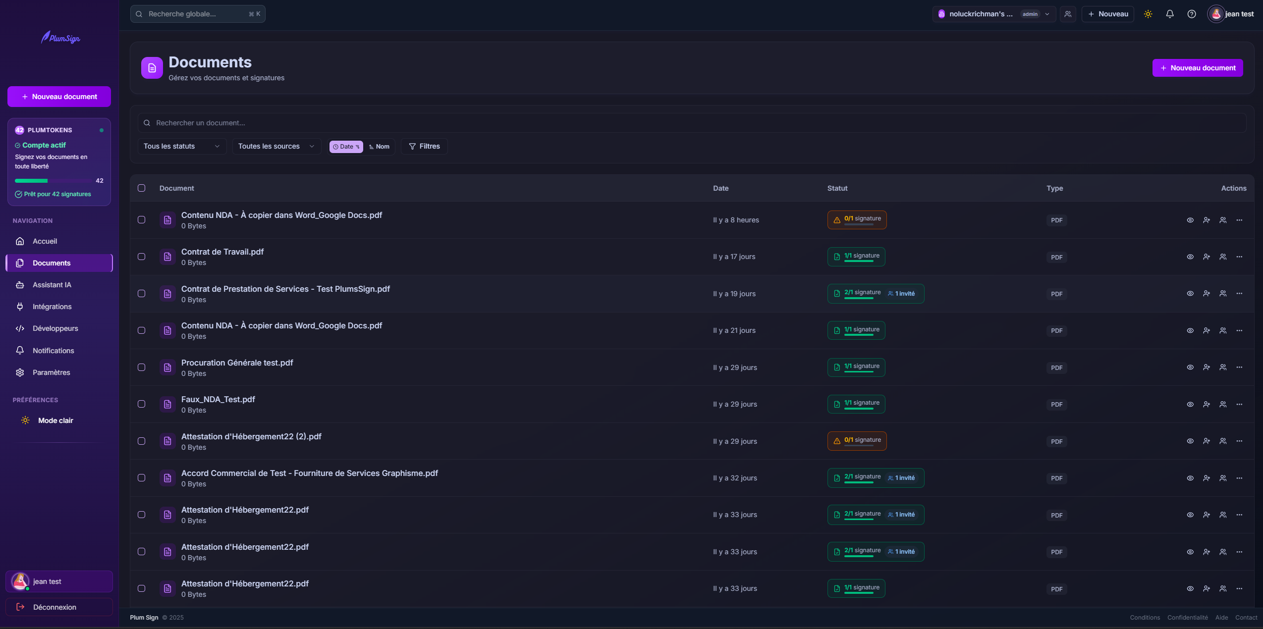 PlumSign - Signature  pdf - Dashboard gestion de vos document
