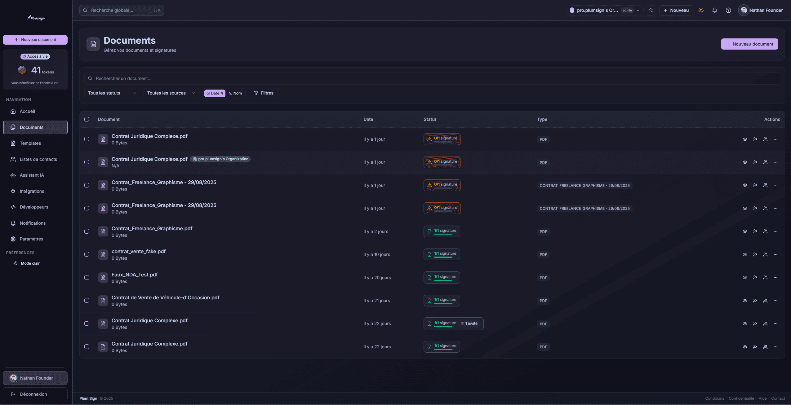 PlumSign - Signature  pdf - Dashboard gestion des documents dans PlumSign