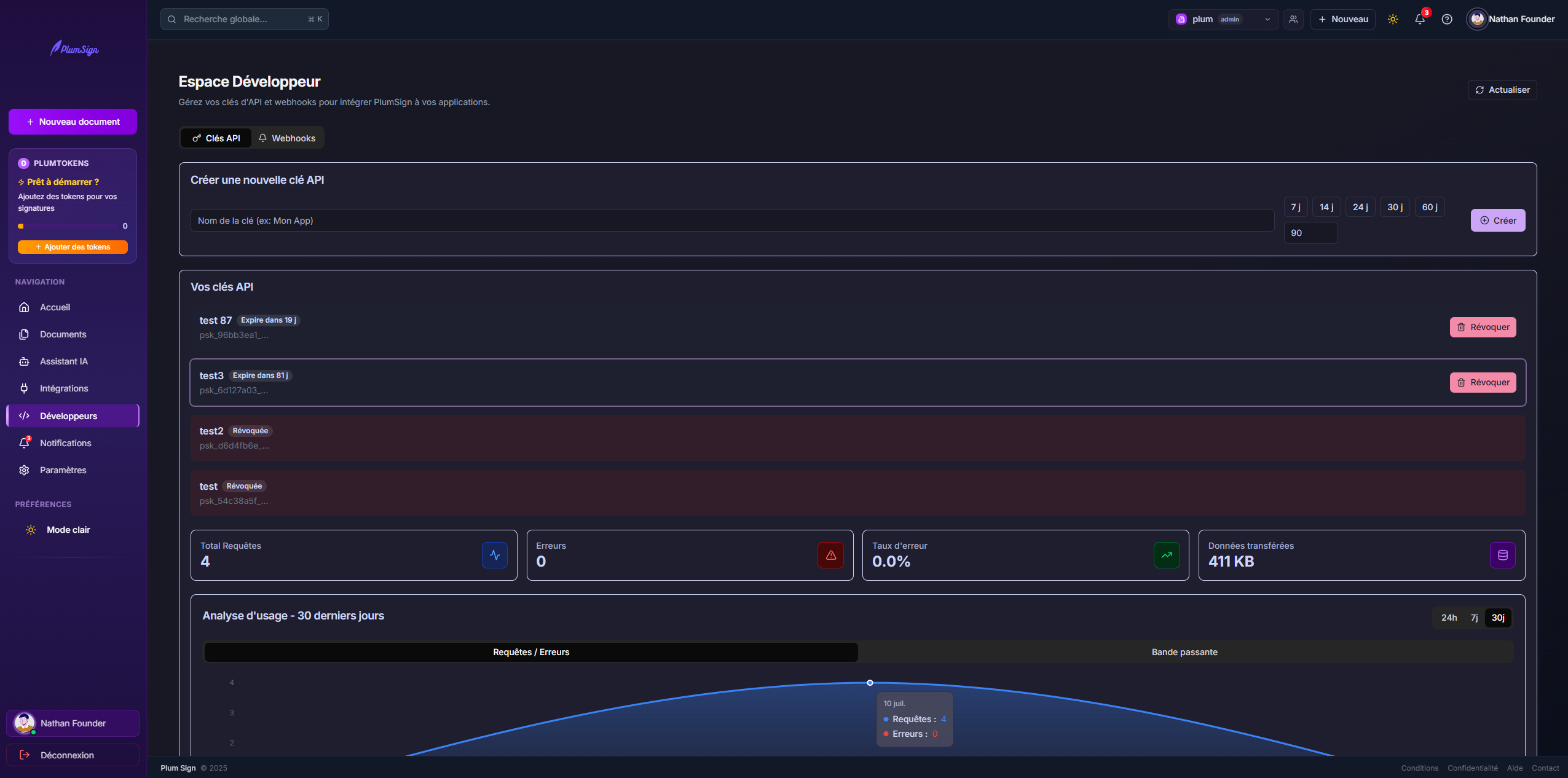 PlumSign - Signature  pdf - Dashboard gestion API et webhook