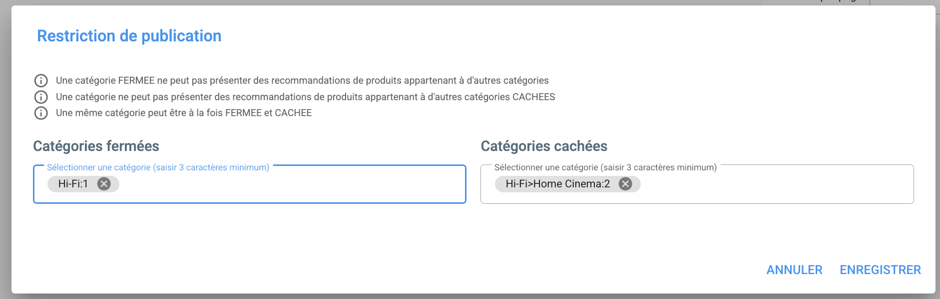 NetUp Reco" - Ecran de gestion des restrictions de publication
