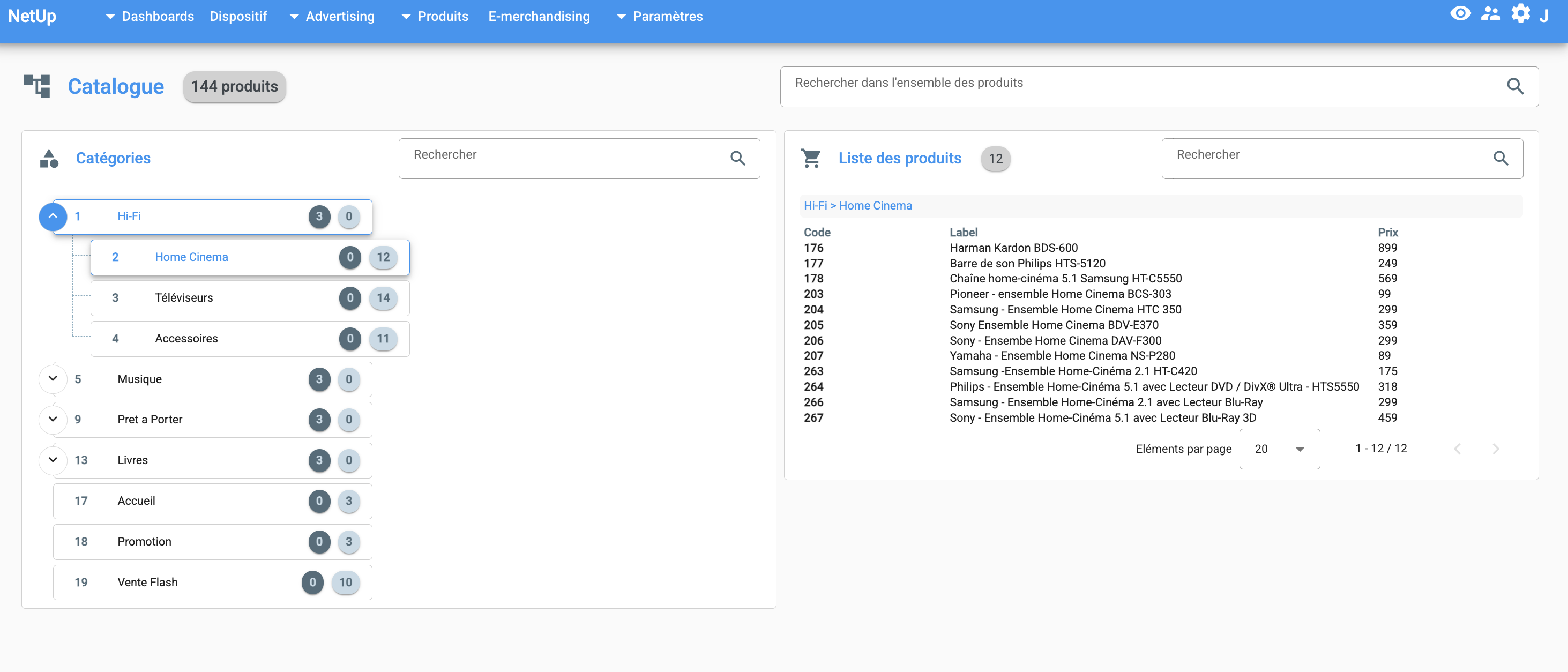 NetUp Reco" - Ecran de gestion du catalogue produit