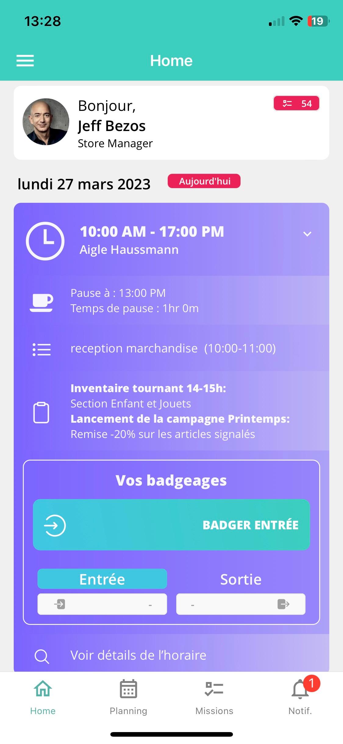 Beam - Détail des informations d'un horaire et accès au badgeage application mobile de Beam