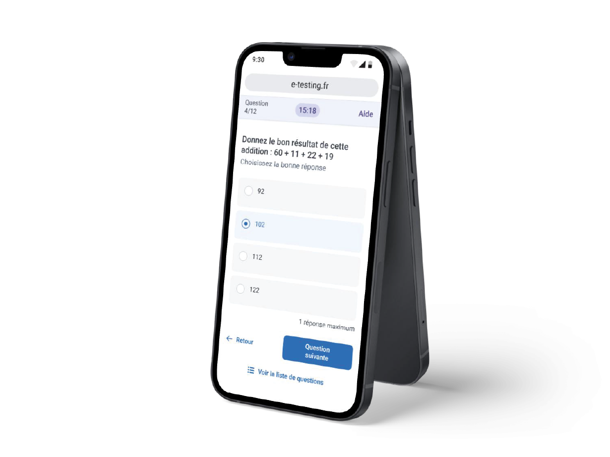 E-testing - Illustration d'un test de compétence sur smartphone depuis la plateforme E-testing