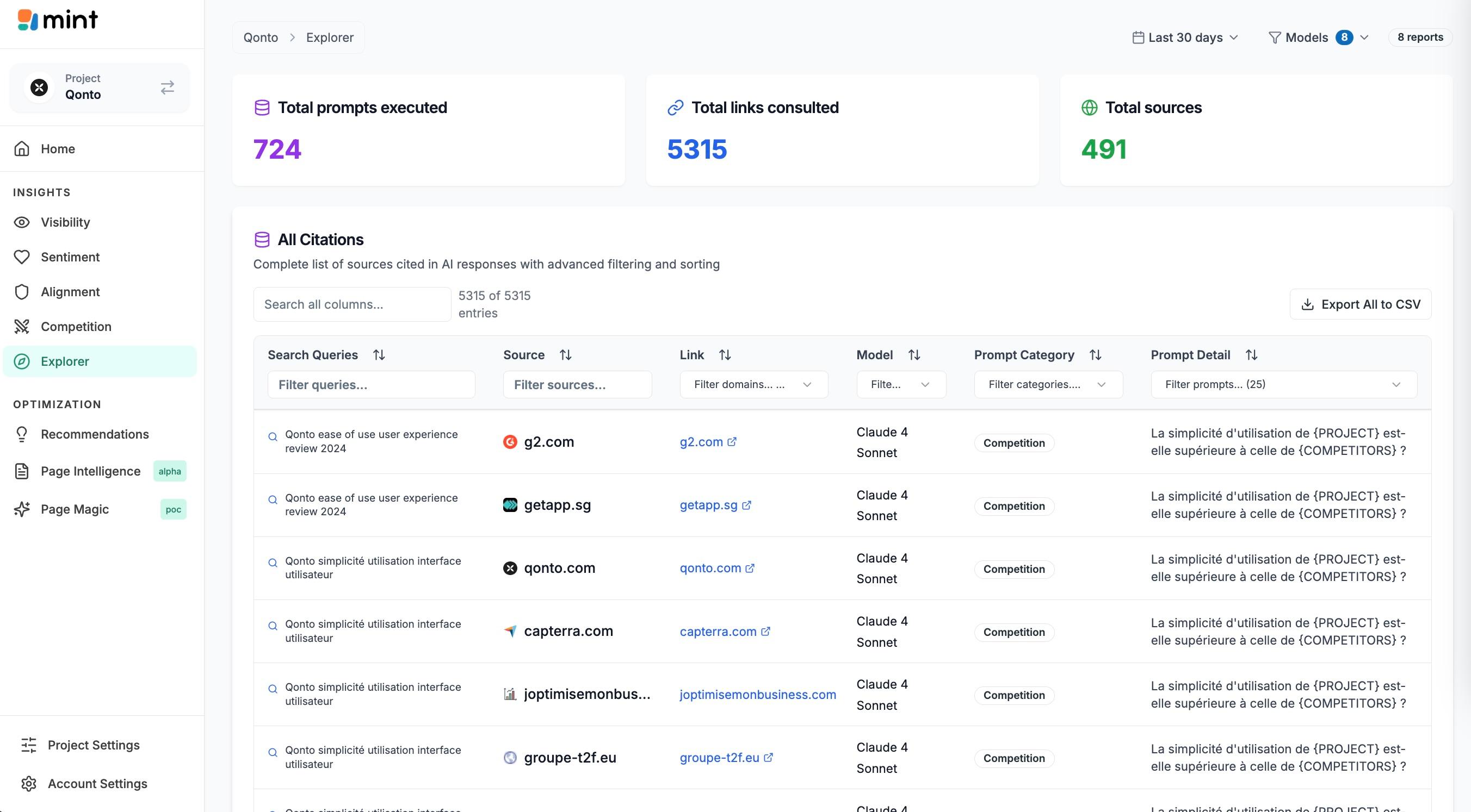 mint - Explorer : Complete list of sources cited in AI responses with advanced filtering and sorting