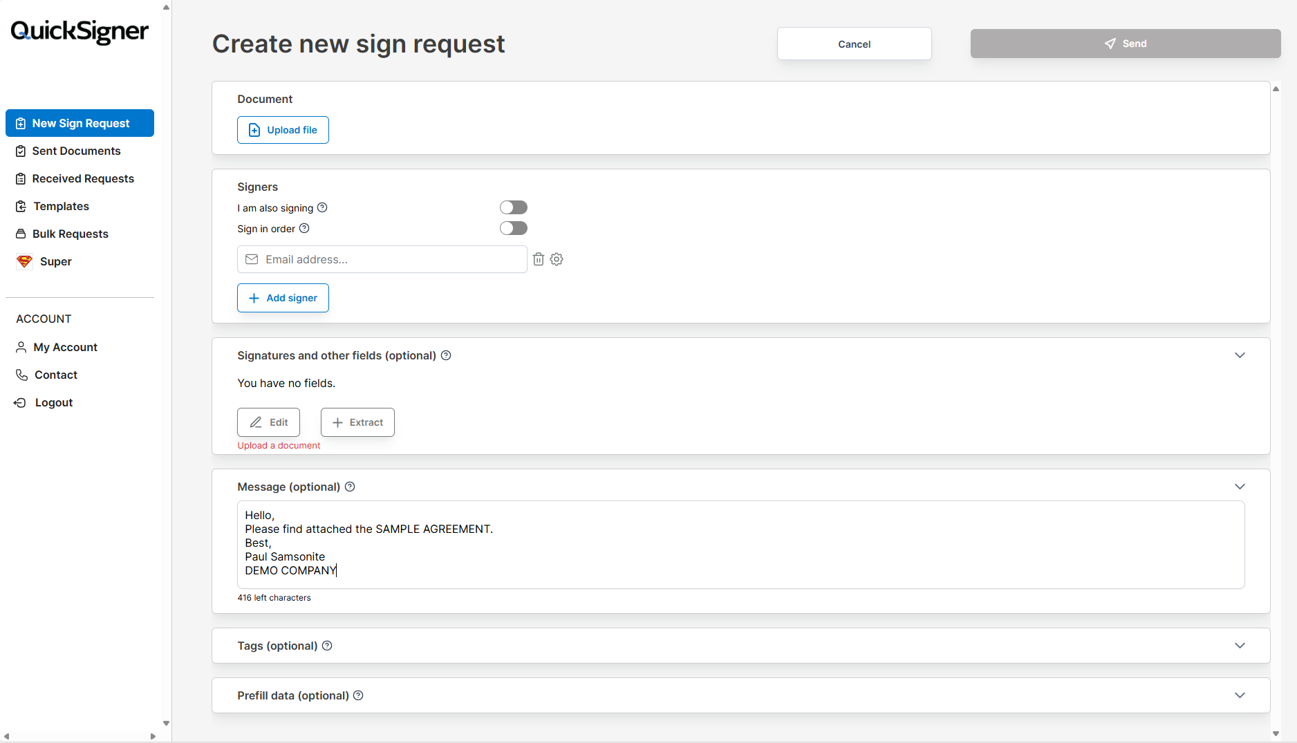 QuickSigner.com - App menu