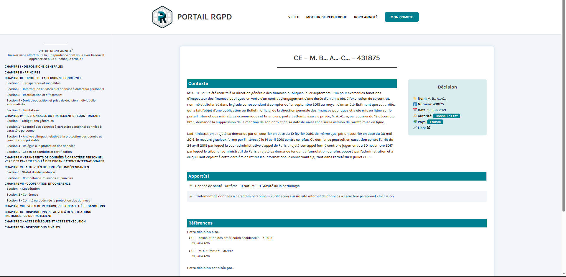 Portail RGPD - Exemple de fiche complète d'un résultat