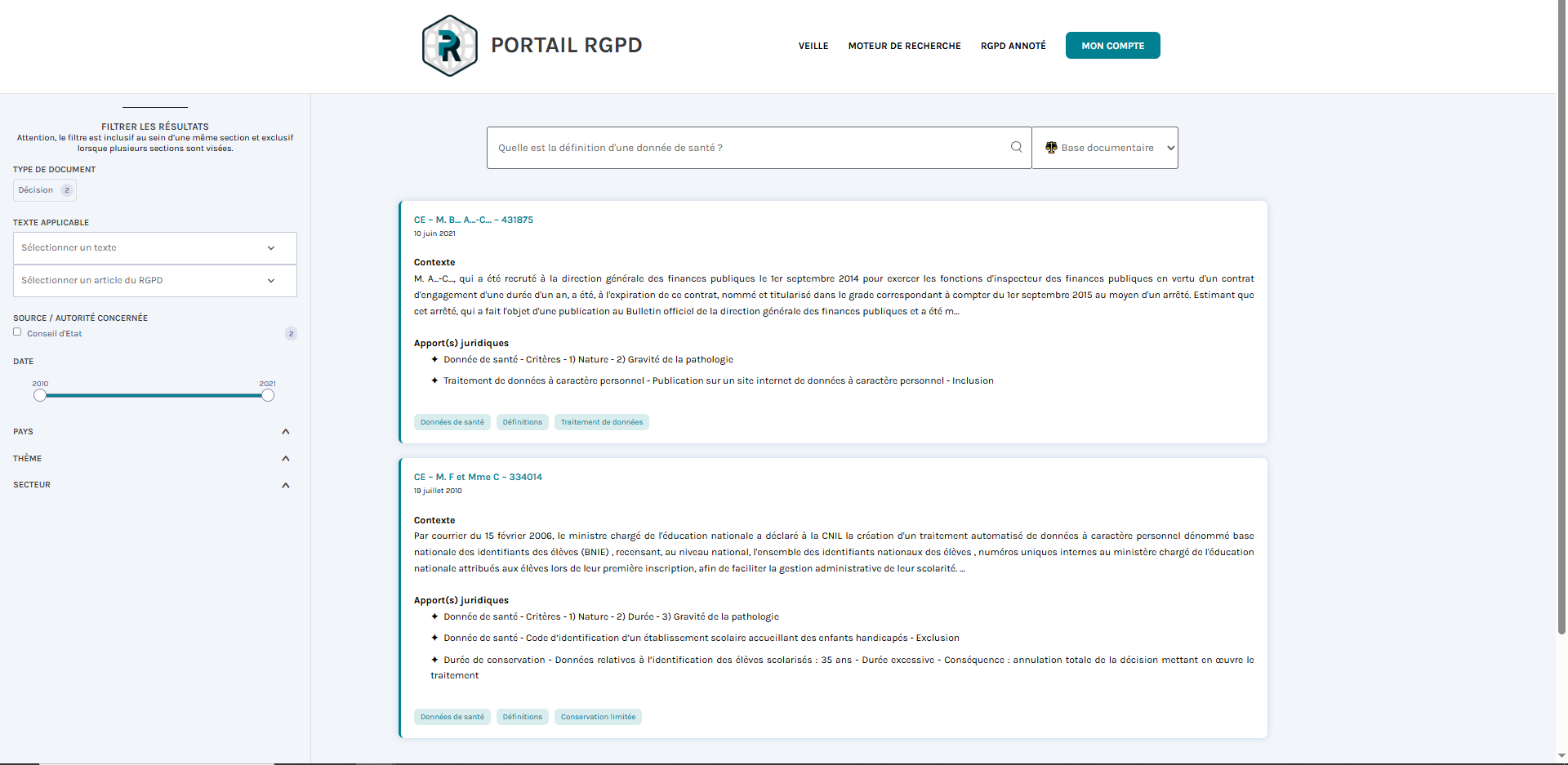 Portail RGPD - Exemple de recherche réalisée avec notre plateforme