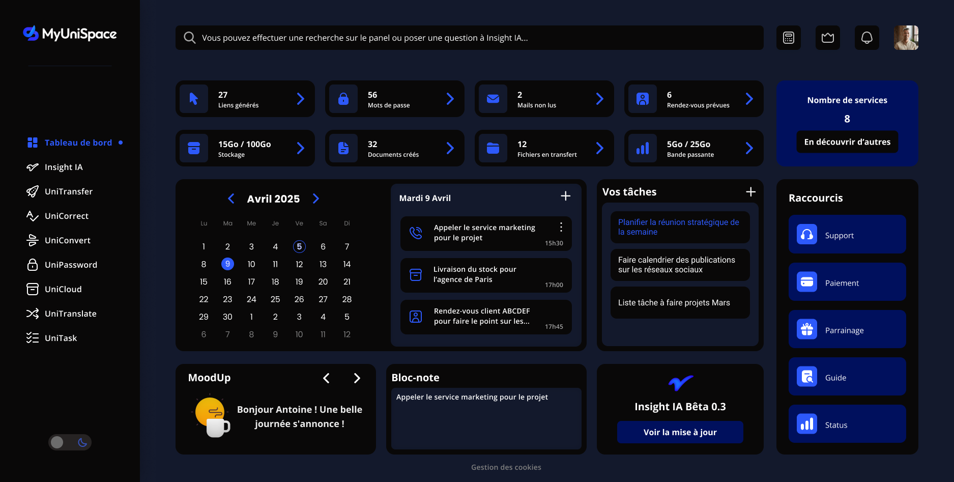 MyUniSpace - Tableau de bord