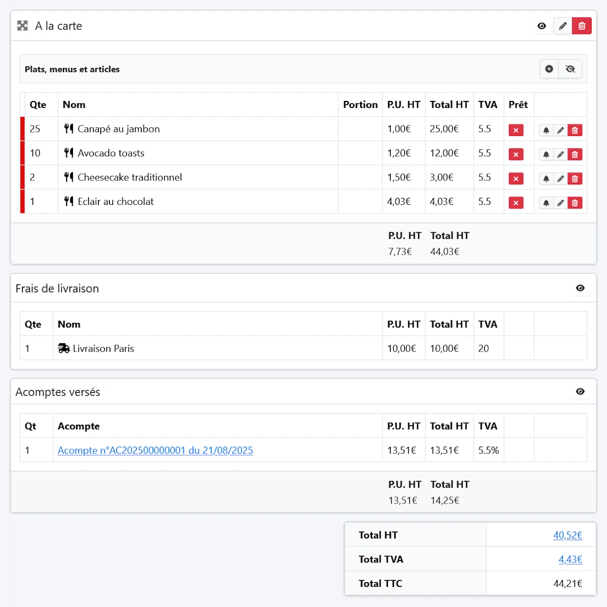 EventDesigner - Plats à la carte dans l'éditeur de commande