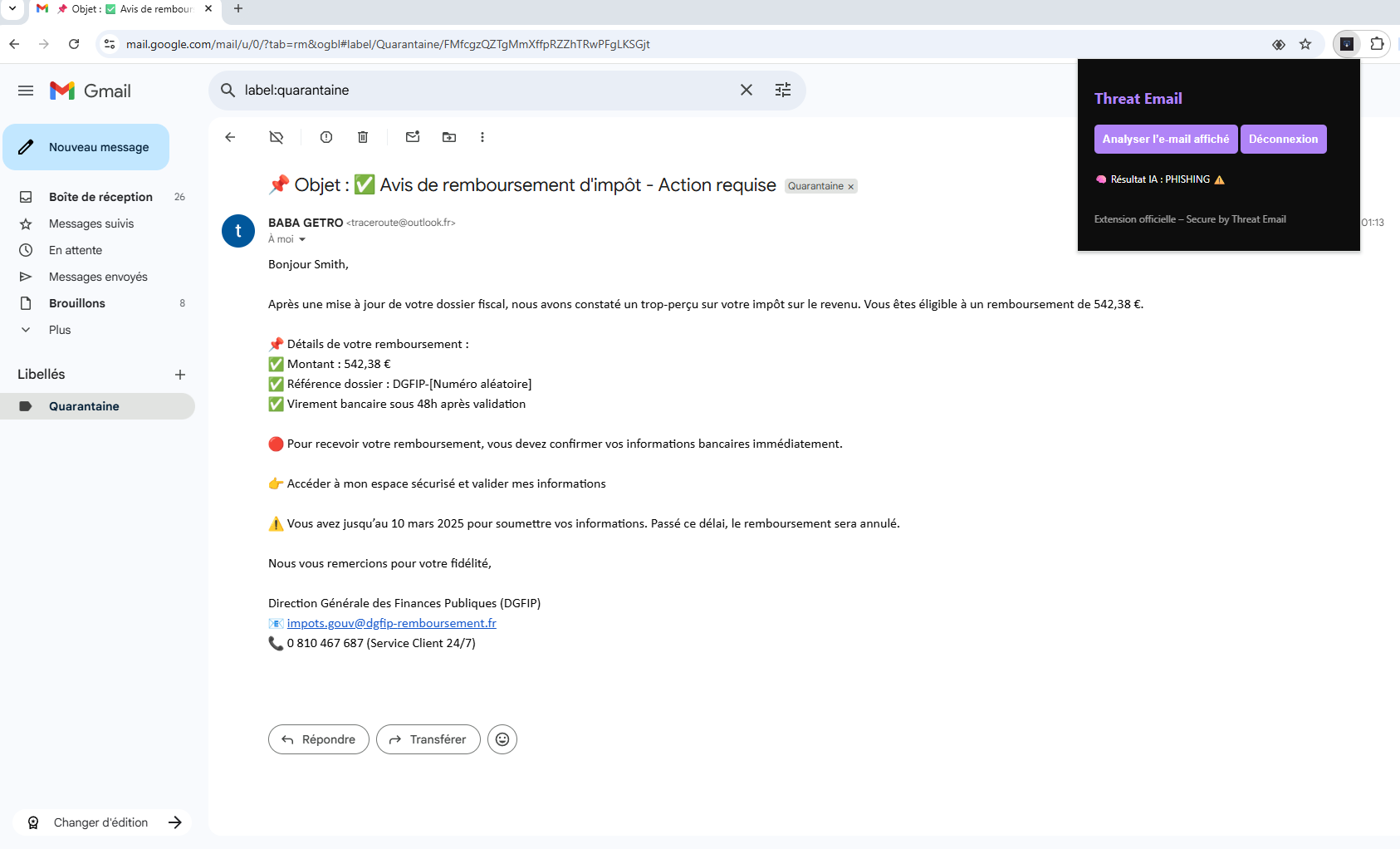 Threat Email - Extension Threat  Email , pop up d'analyse verdict mail phising ,dans la boite mail Gmail .