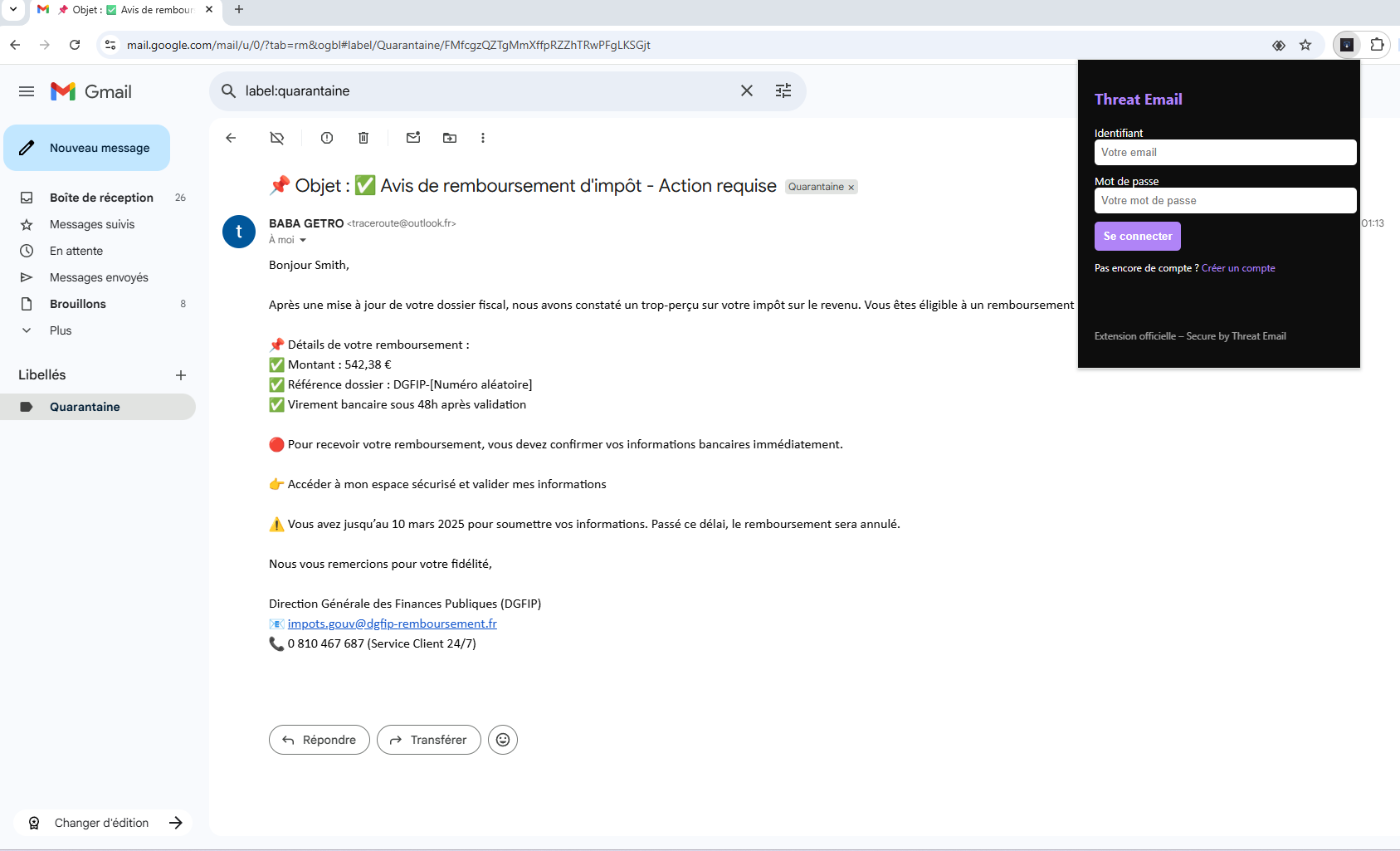 Threat Email - Extension Threat  Email page login dans la boite mail Gmail .