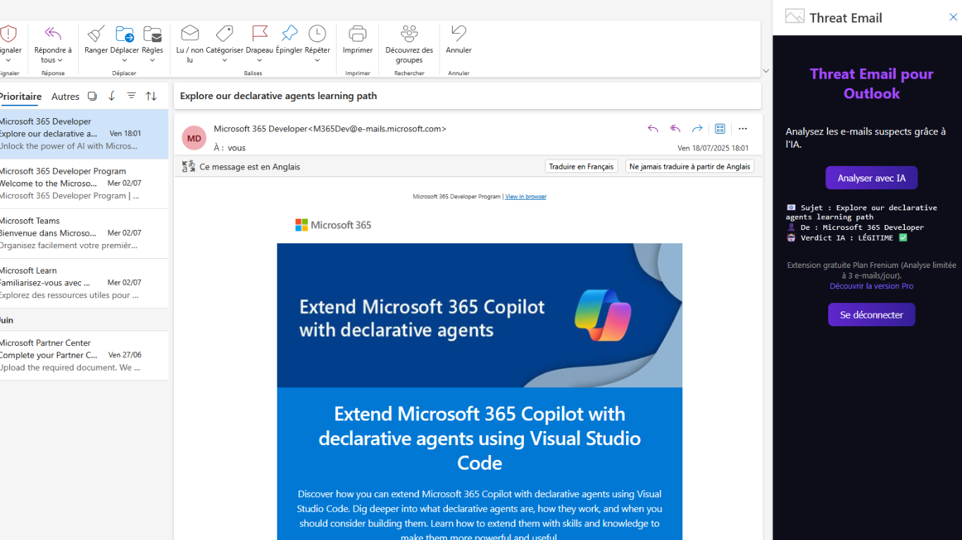 Threat Email - Analyse de notre  IA Threat Email  ,mail légitime dans la boite mail Outlook.