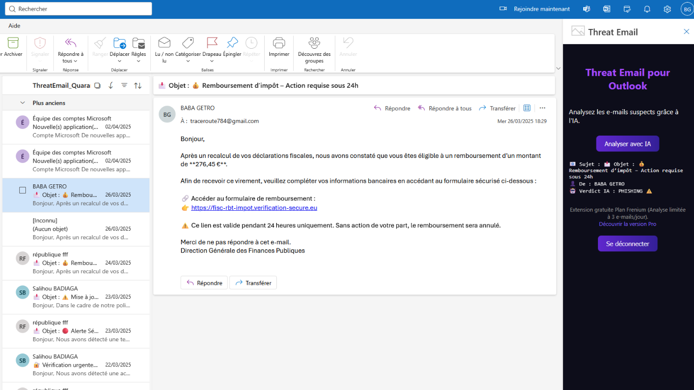 Threat Email - Analyse de notre IA Threat Email  ,mail phishing dans la boite mail Outlook.