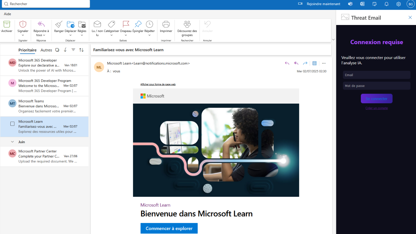 Threat Email - Extension Threat Email , dans la boite mail  Microsoft Outlook.