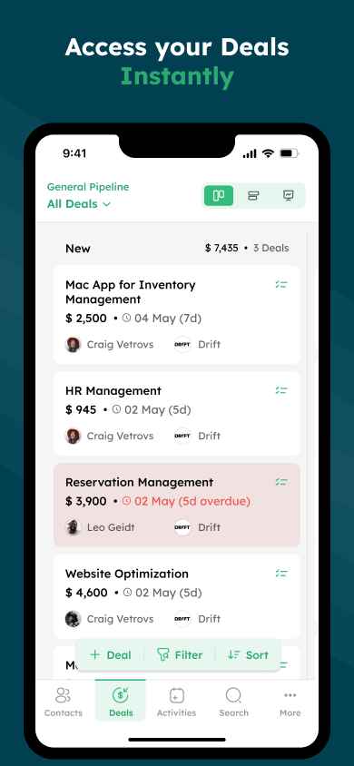 Twozo CRM - Quick Deal Access - View all active deals, values, and statuses on the go.