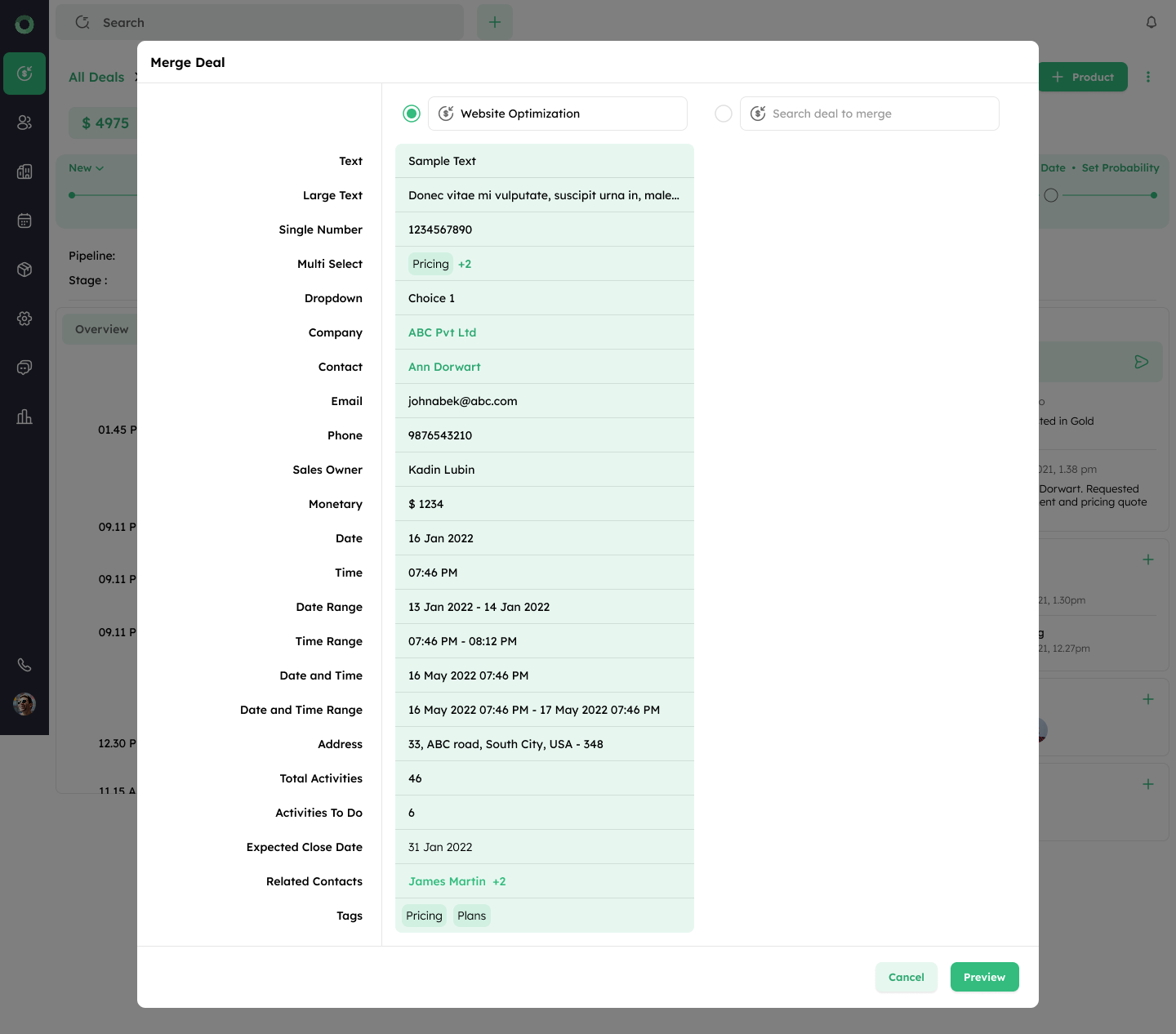 Twozo CRM - Deal Details & Merge - View complete deal details including contacts, activity logs, and sales data.