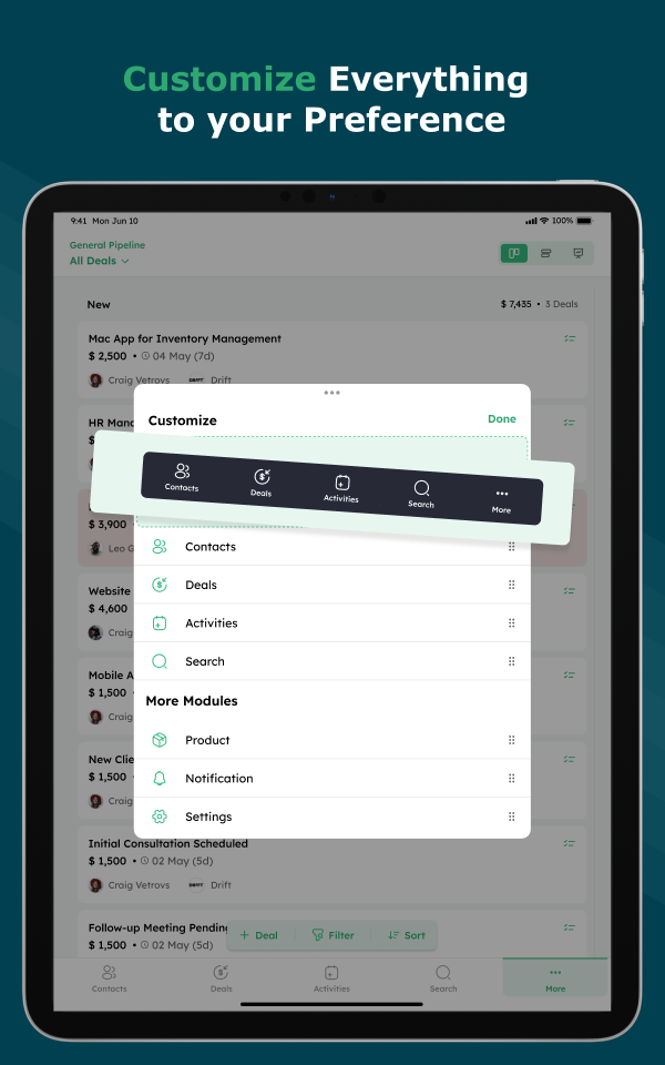 Twozo CRM - Customizable Modules - Personalize your dashboard with modules that fit your needs.