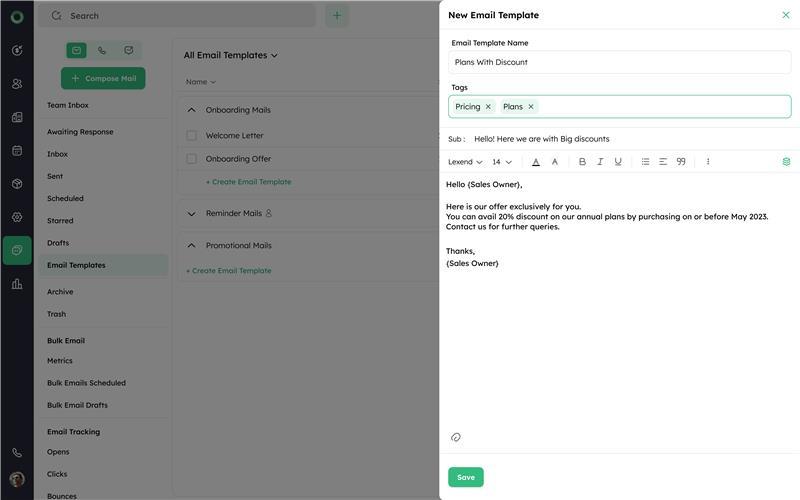 Twozo CRM - Email Templates - Pre-build multiple templates for different use cases and apply them instantly for clear communication.