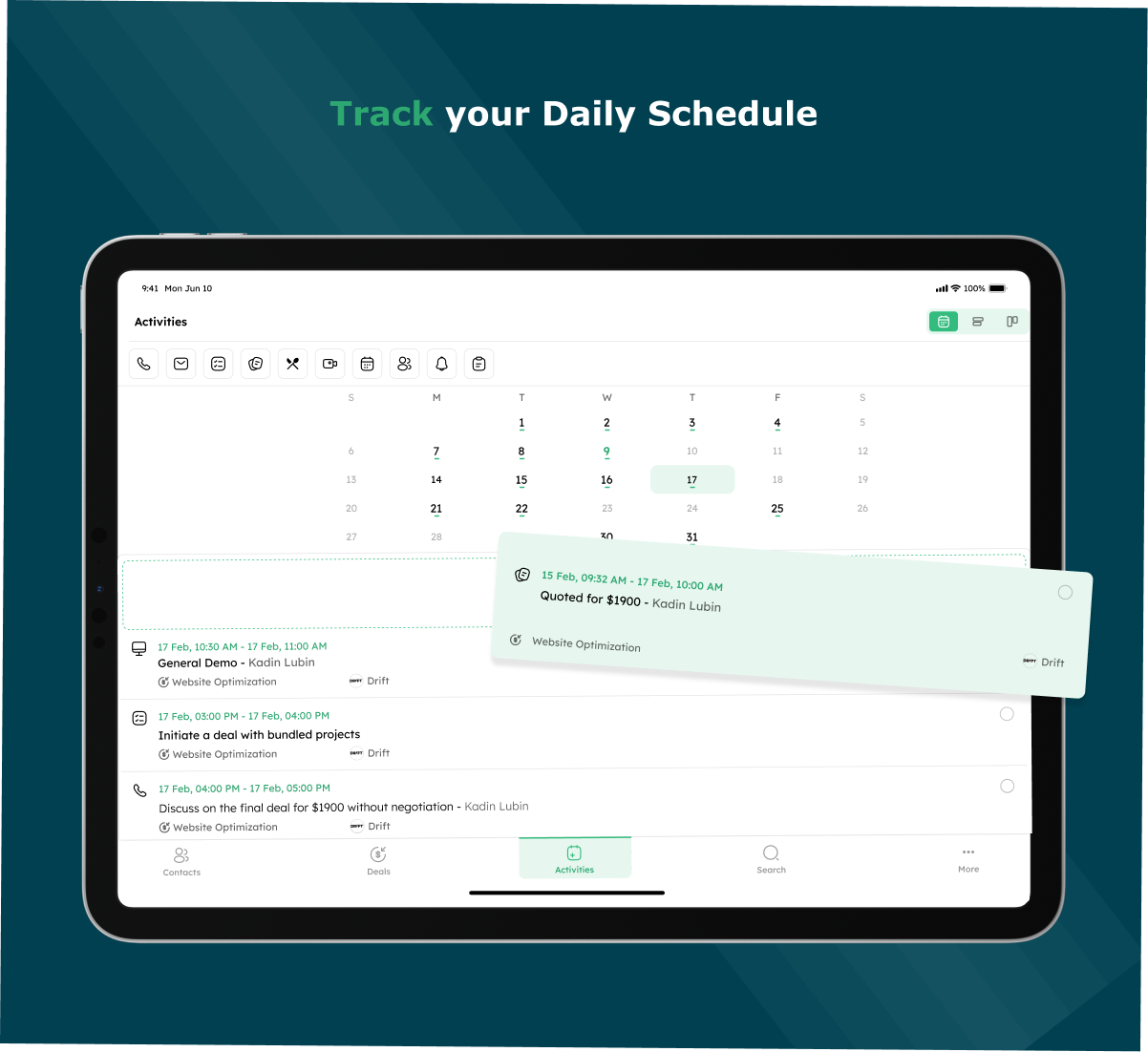 Twozo CRM - Calendar & Activity Tracking - Easily view, schedule, and manage upcoming calls, demos, and follow-up tasks.