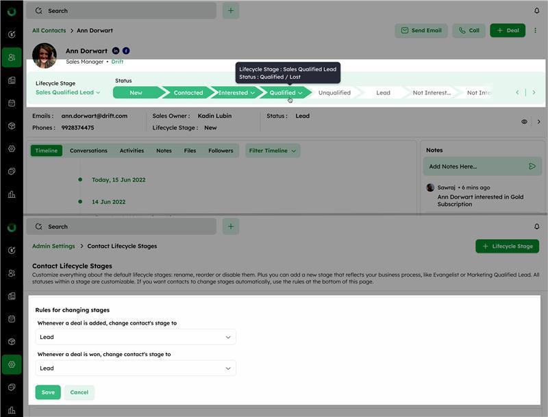 Twozo CRM - Smart Lifecycle Progression - Ensure unified tracking by having the system automatically update a contact's lifecycle stage whenever an associated deal is created or won, ensuring data accuracy without manual effort.