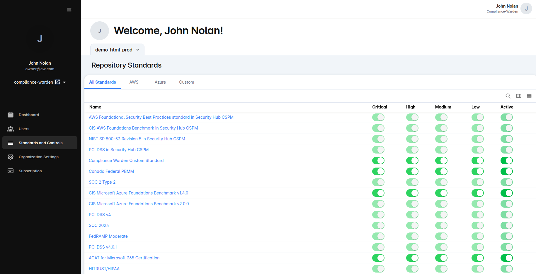 Compliance Warden - This view displays compliance standards applied at the repository/project level. Teams can customize which controls are active for each environment, ensuring tailored security benchmarks for production workloads.