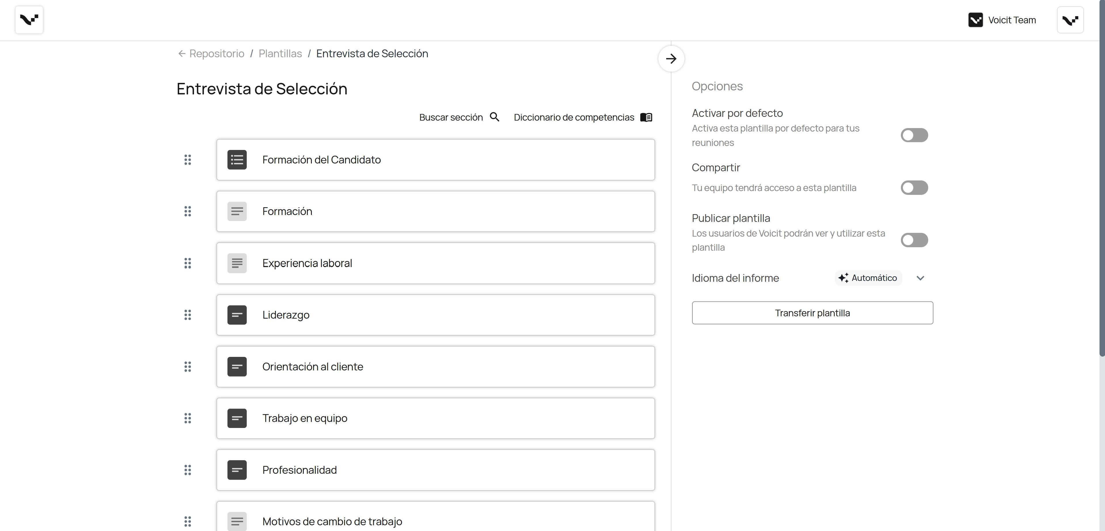 Voicit - Entorno personalización de informe