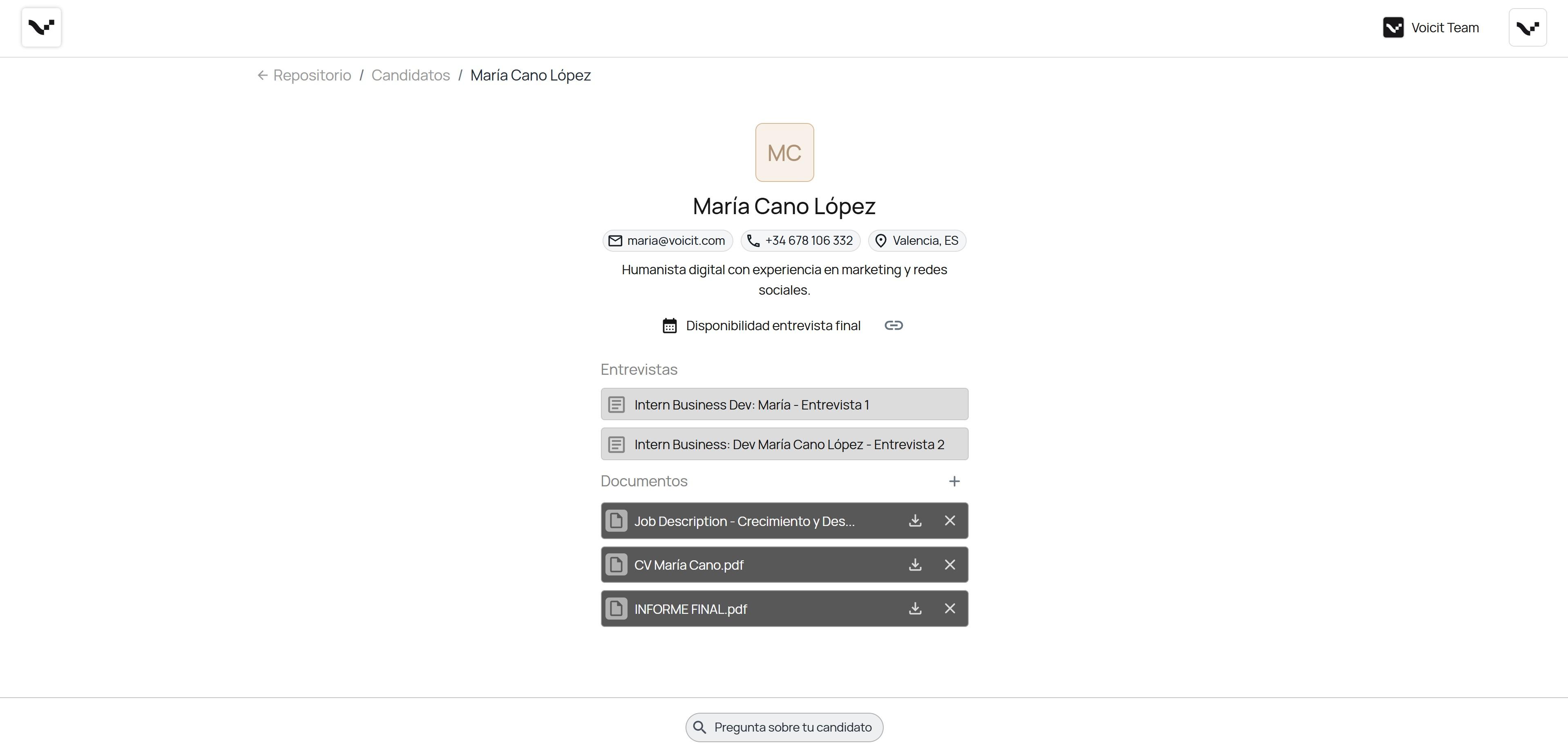 Voicit - Entorno de perfil de candidato para compartir con cliente