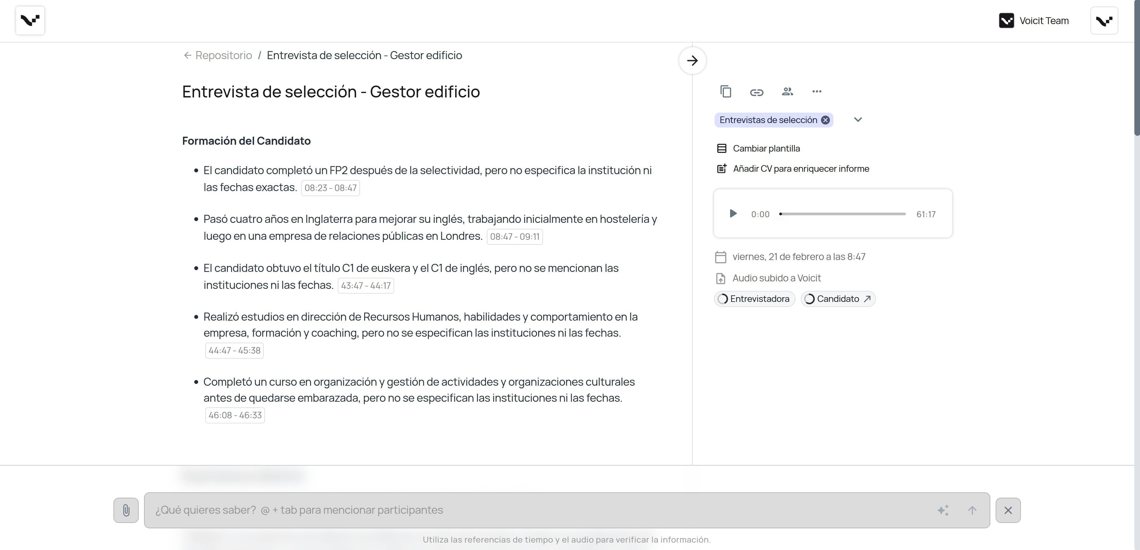 Voicit - Entorno informe entrevista generado automáticamente
