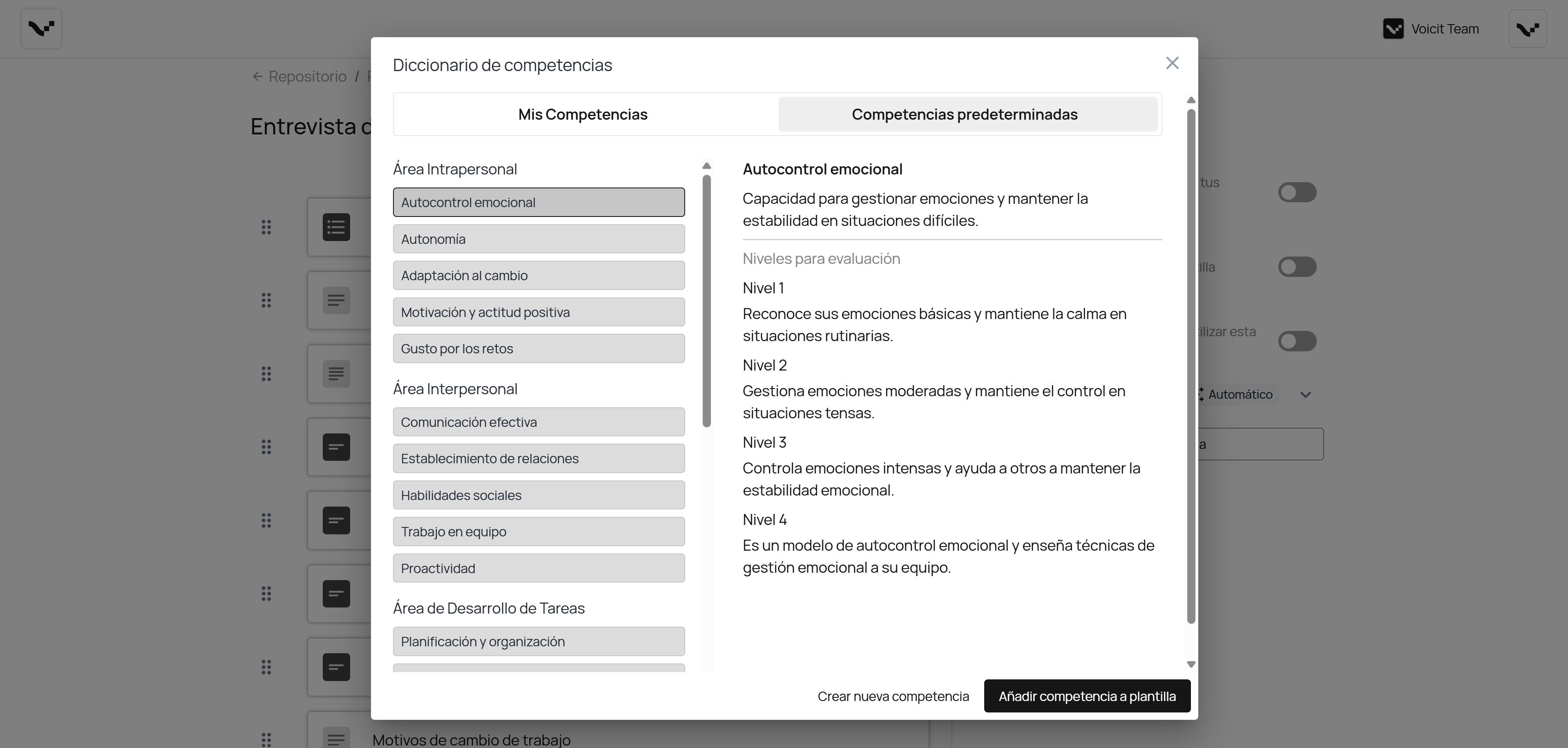 Voicit - Entorno añadir competencias a plantilla de informe