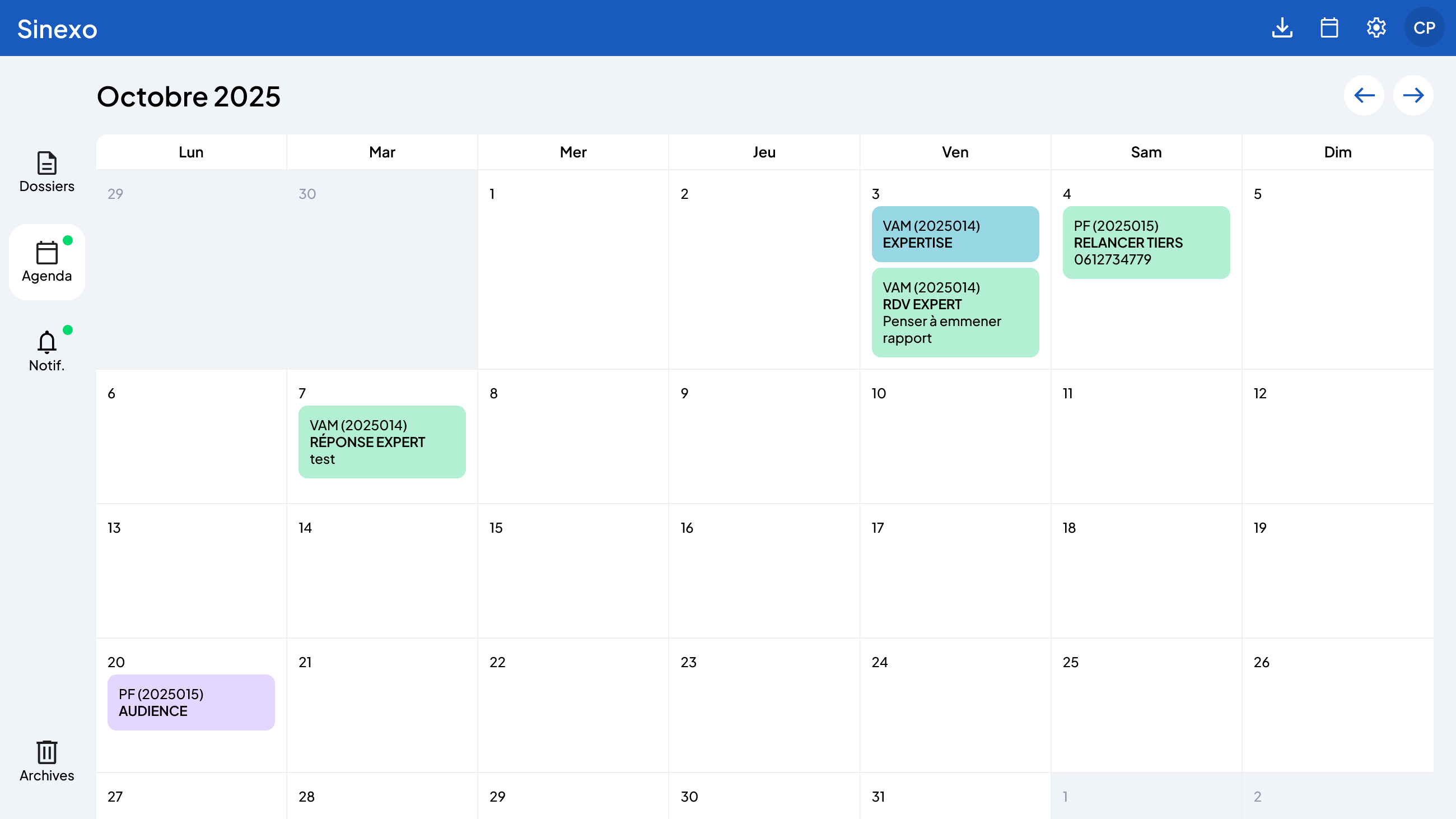 Sinexo - Retrouvez vos rendez-vous, expertises et audiences avec accès direct au dossier depuis l'événement. Exportez votre agenda au format iCal pour Microsoft Outlook