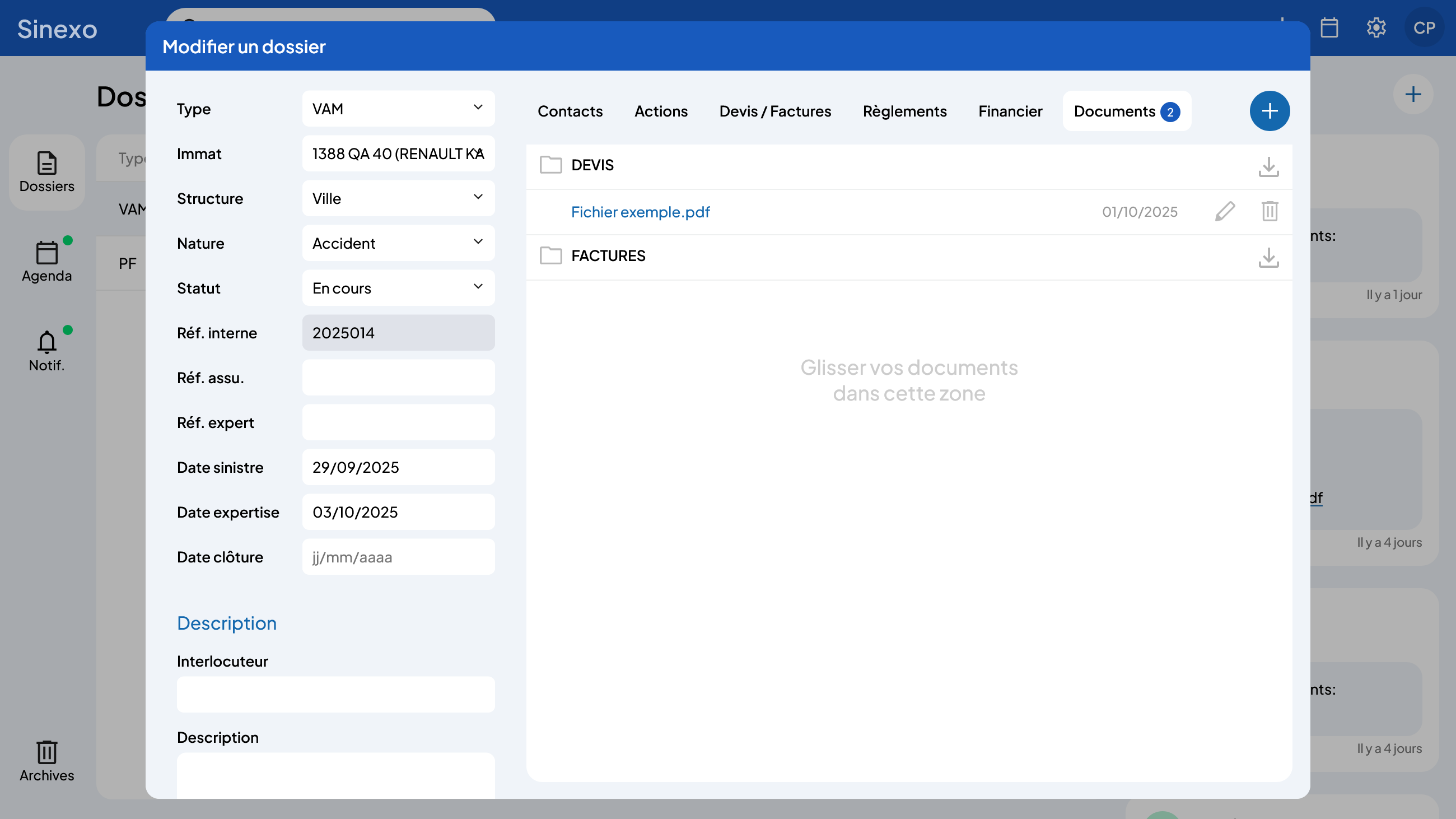 Sinexo - Organisez vos documents en les classant dans des dossiers spécifiques. Déposez plusieurs fichiers simultanément pour gagner du temps. Téléchargez le dossier complet au format ZIP pour une sauvegarde rapide