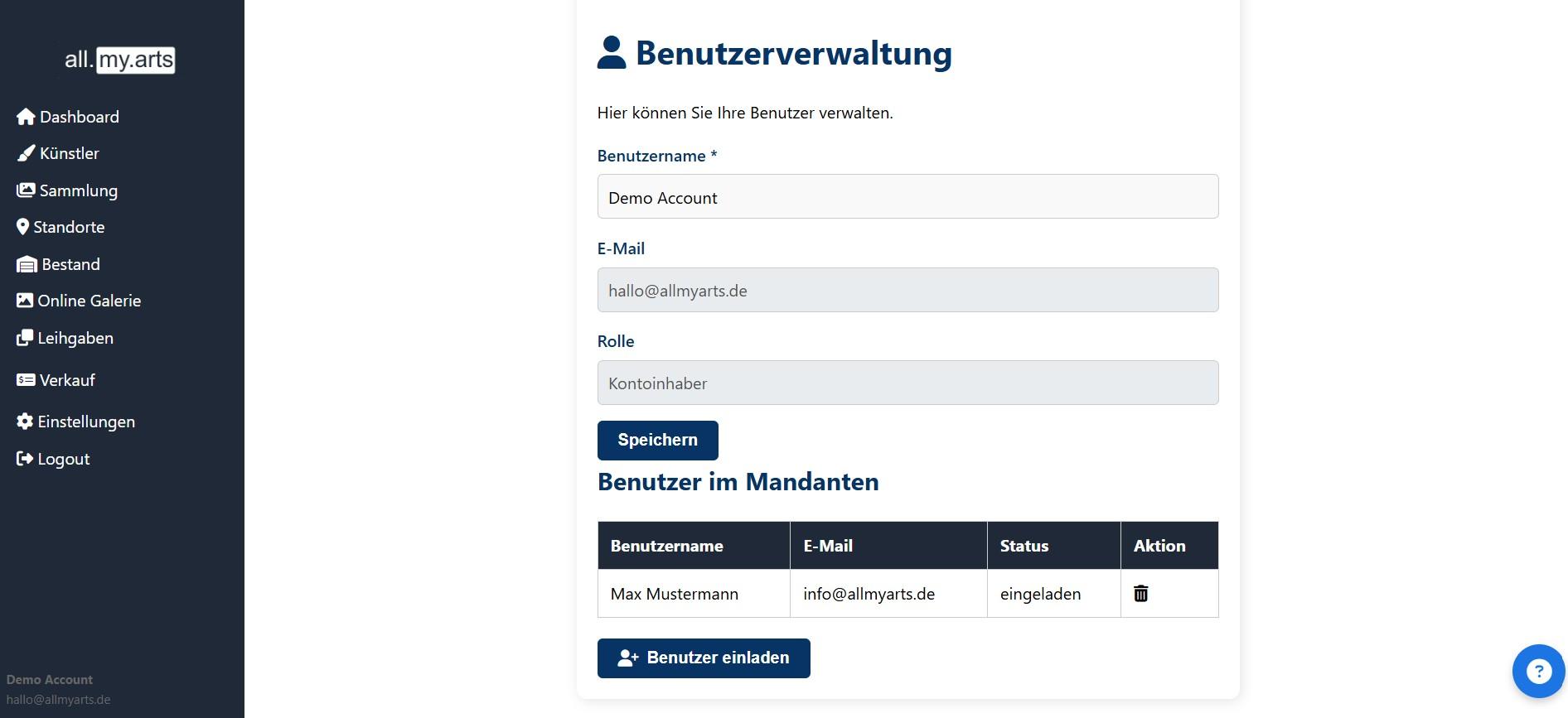 all.my.arts - Benutzerverwaltung