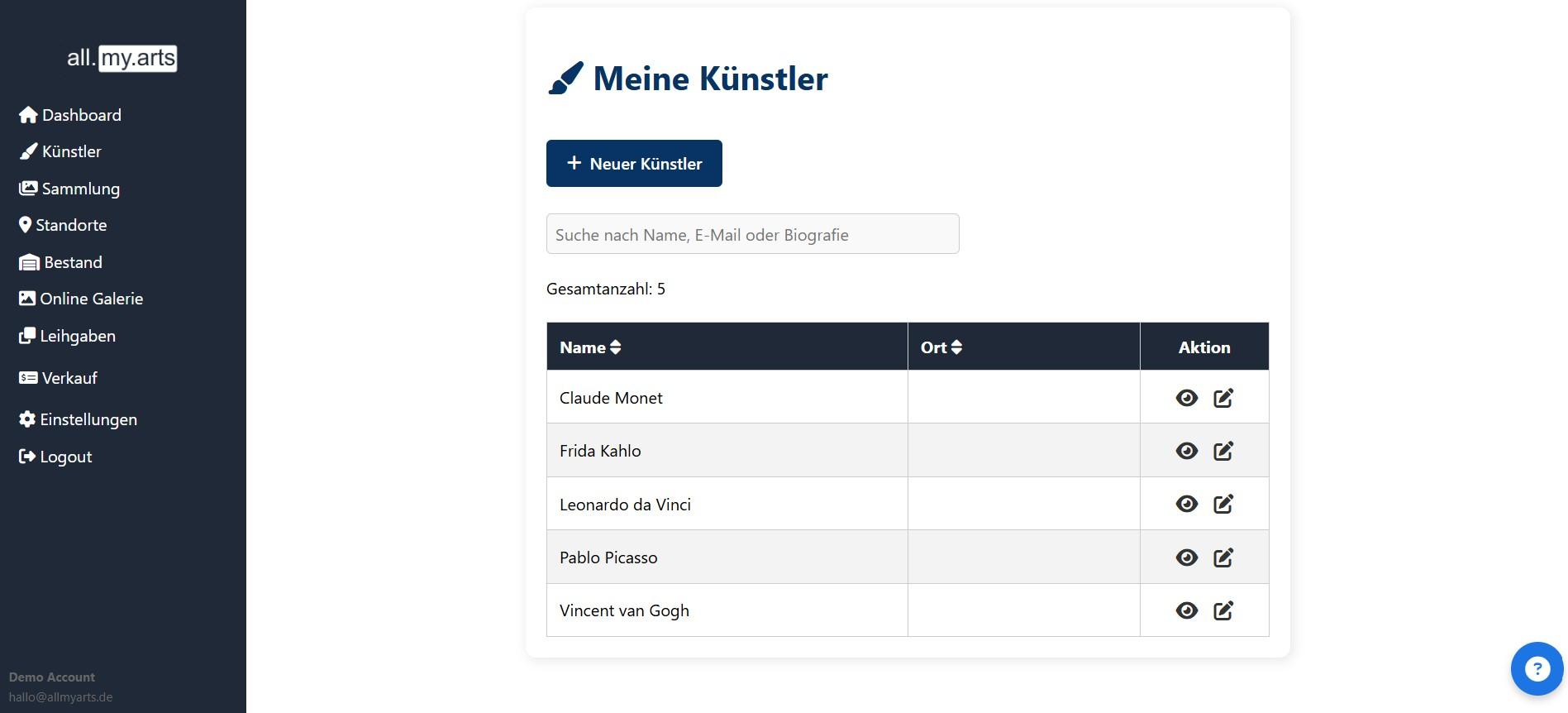 all.my.arts - Künstlerverwaltung