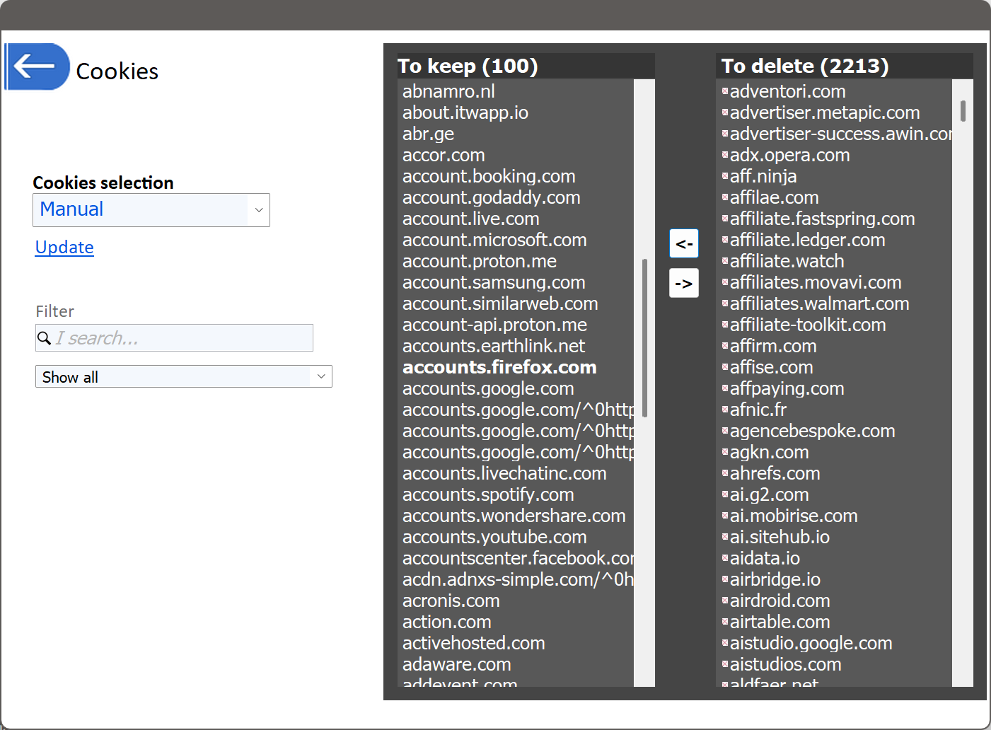 PrivaZer - Cookies selection