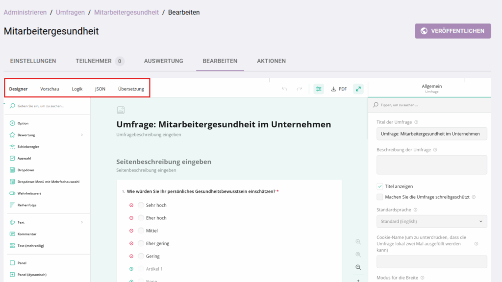 Tutoolio LMS - Survey editor for “Employee Health” with drag‑and‑drop question types, preview, logic, translation options and publishing controls.