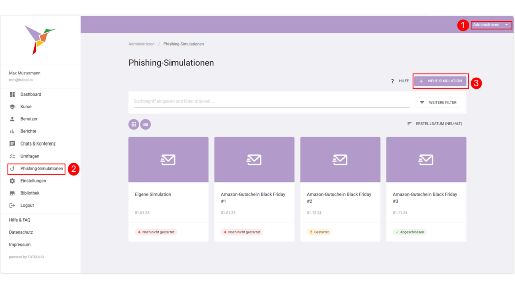 Tutoolio LMS - Overview page for phishing simulations where admins see existing campaigns and start a new simulation from the same screen.