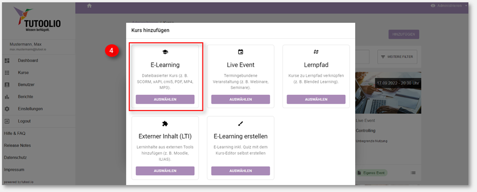 Tutoolio LMS - “Add course” dialog showing available formats: E‑Learning, Live Event, Learning Path, external LTI content, and built‑in course creation.