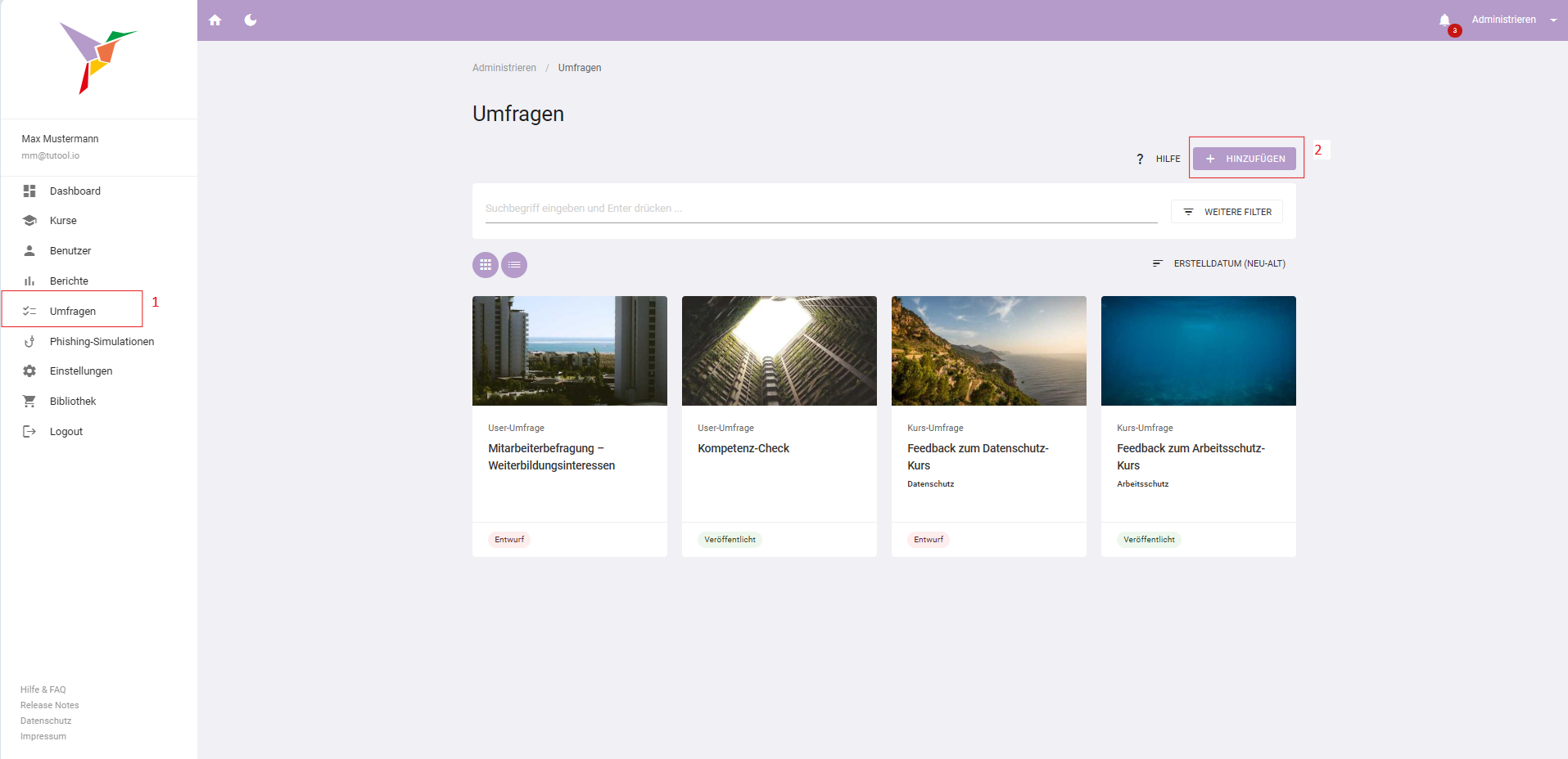 Tutoolio LMS - Survey overview page listing employee and course surveys, with filters and a button to create new questionnaires.