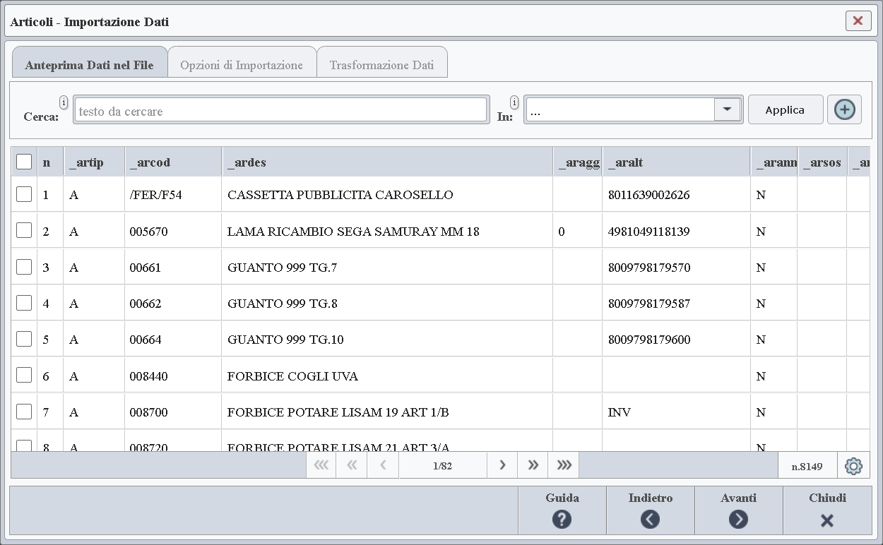 Phrometeo - Scheda per l'importazione dei dati