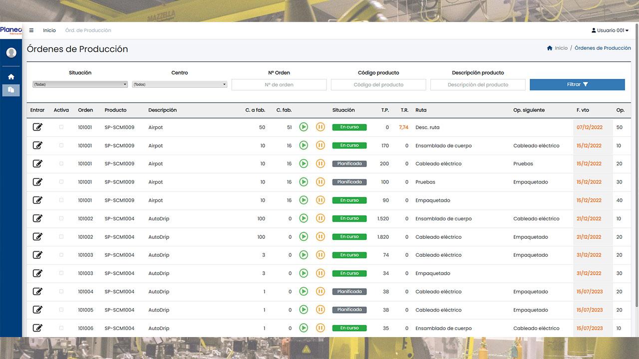 Planeo Fabricación - Listado de órdenes