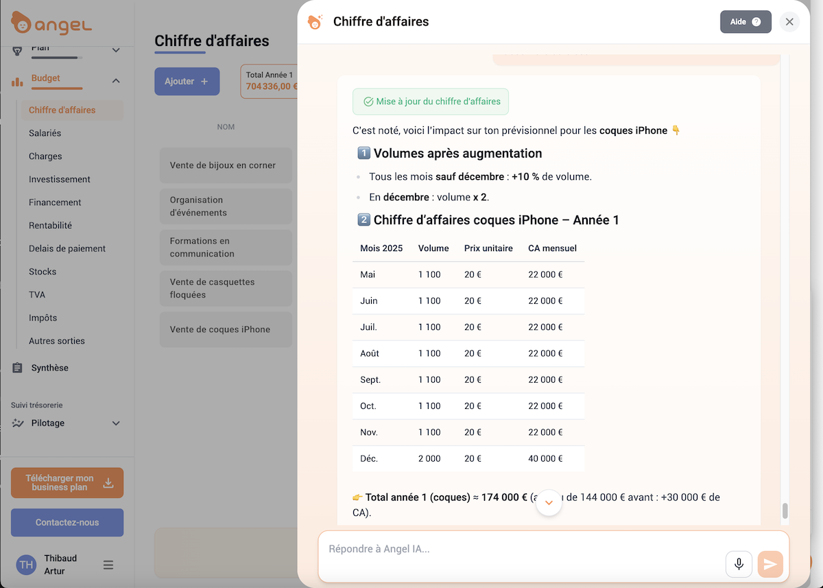AngelStart - Chattez avec l'IA pour mettre à jour les chiffres