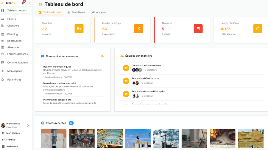 KLEAR - Tableau de bord Klear permettant de planifier les chantiers, suivre l’avancement des travaux et communiquer avec les équipes terrain en temps réel.